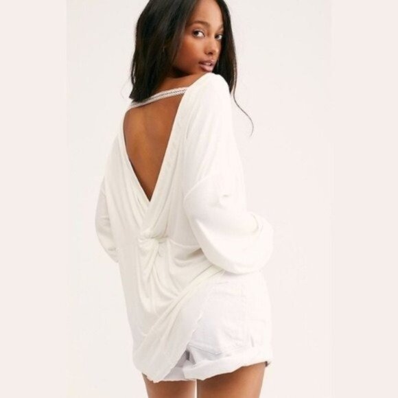Free People White Long Sleeve Top Open Back Twist Tunic Length - Picture 1 of 6